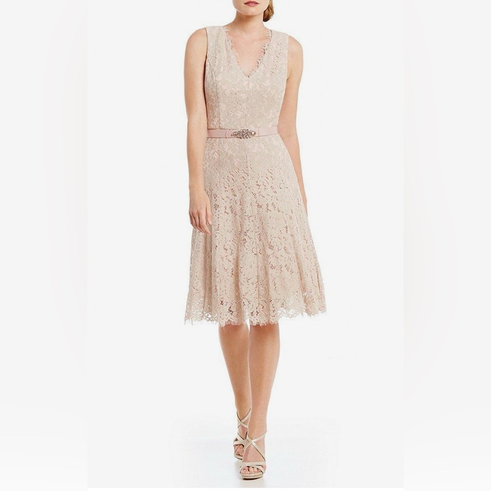 Jessica Howard Blush / Tan Lace Midi Dress with Embellished Belt. NWOT  16W